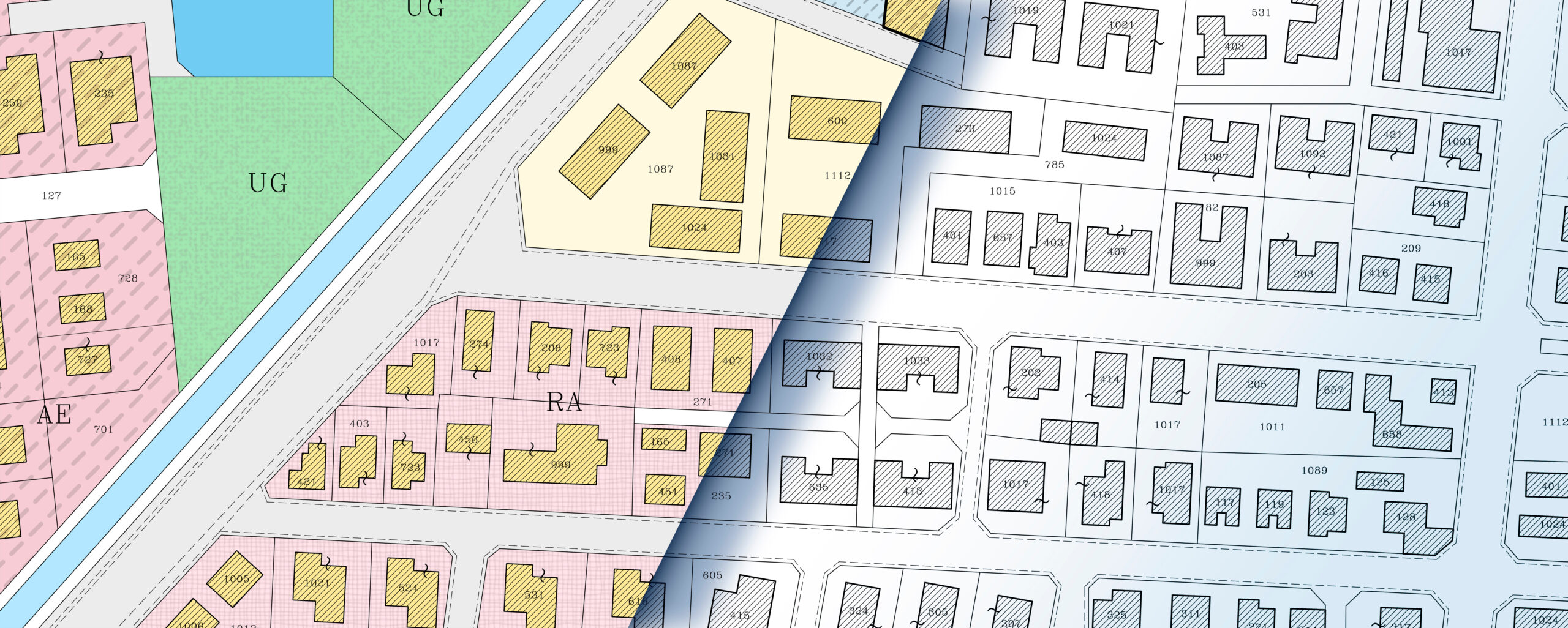 Image of local zoning map with UG, AE and RA zones in color and the other half black and white.